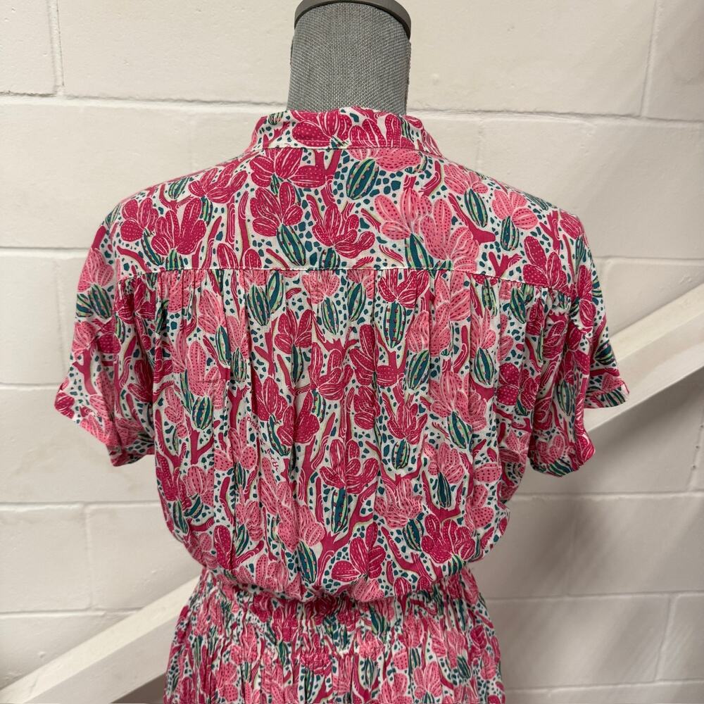Poupette St Barth Becky Pink Kaktus Print Button Front Short Sleeve Maxi Dress - Picture 9 of 14